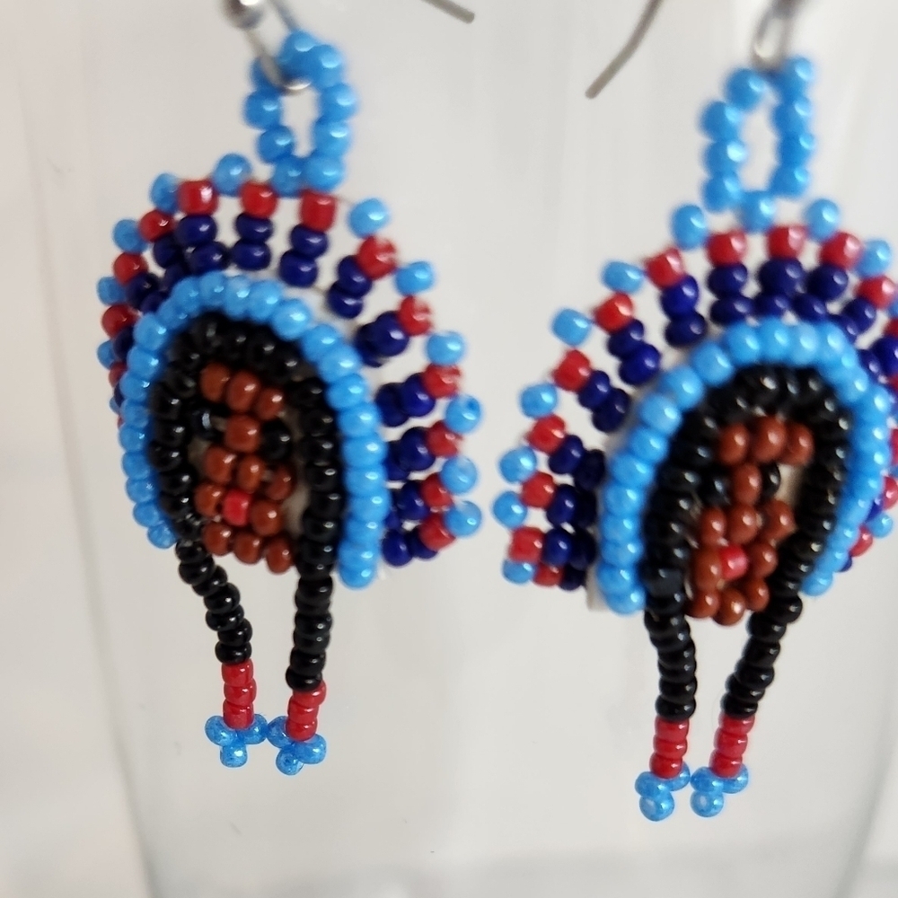 Handmade Native American Earrings Headdress Blue Red Brown Beaded Pierced - Picture 3 of 6